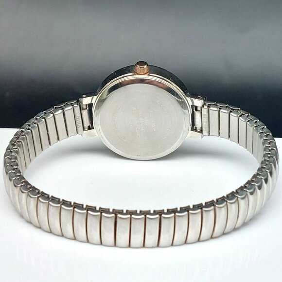 Ladies Silver Analog Watch With Stretch Band & Rose Gold Accents Stainless Steel - Picture 6 of 8